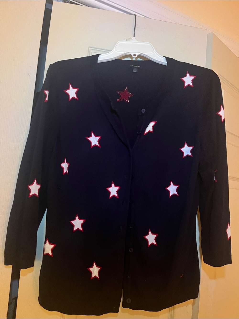 Talbots Navy Cardigan with White and Red Stars